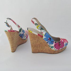 Nine West Leggyr FLORAL WEDGE SANDAL Platform Peep-Toe Cork Slingback 9 M